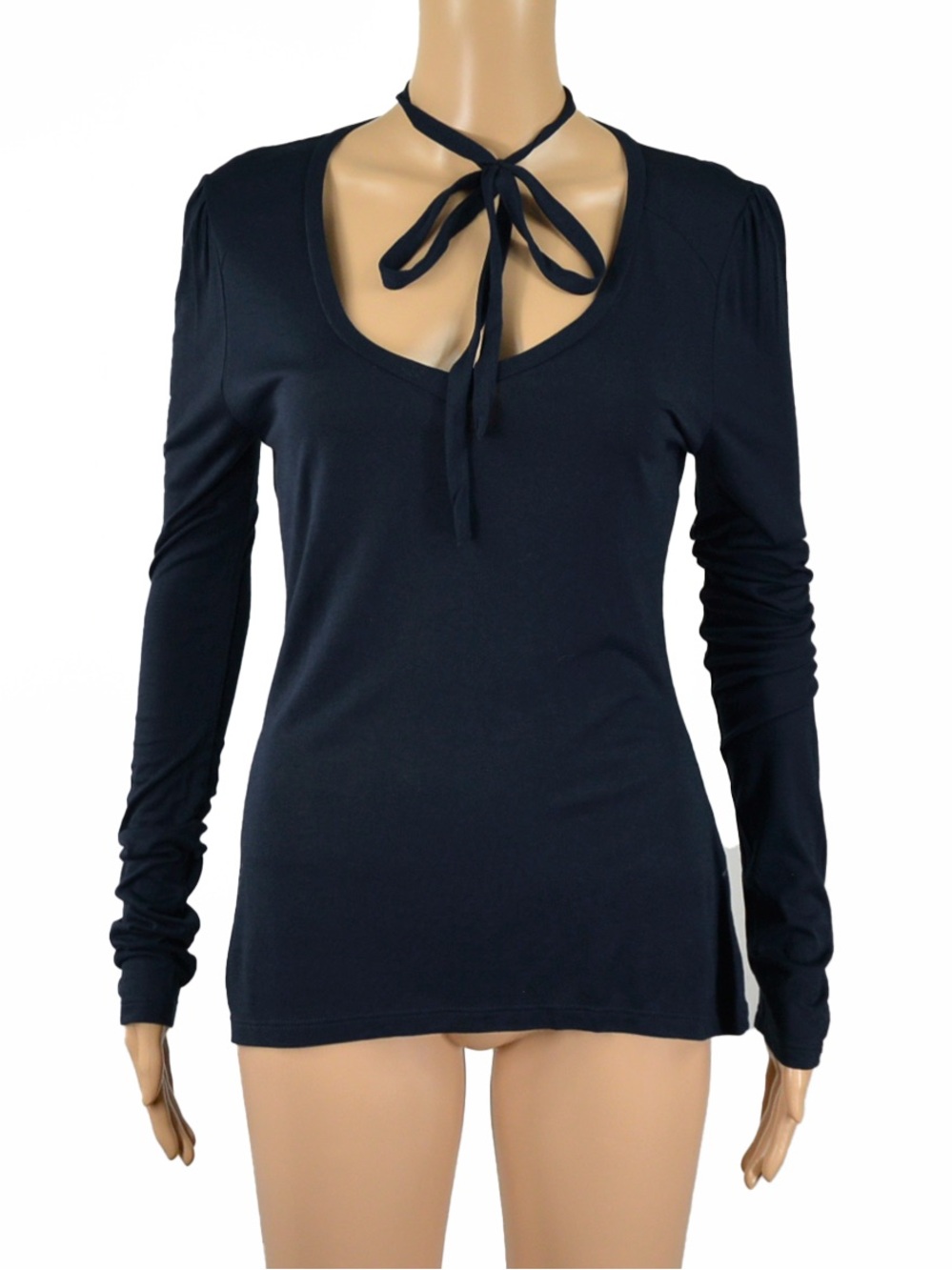 FRAME Denim Navy Blue Long Sleeve Scoop Neck Tie Strap Bow Top Shirt